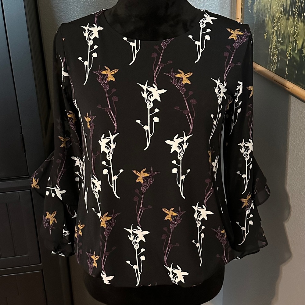 Alfani‎ Floral Ruffle Bell Sleeve Blouse Womens Petite Small Black Botanical